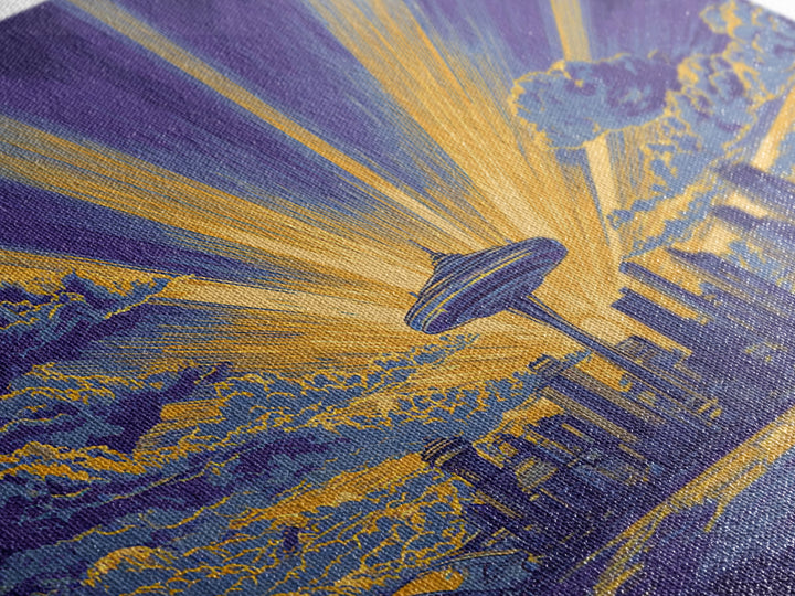 Seattle Space Needle Sunburst Wall Art, Midcentury Modern Canvas Print, Retro Skyline Poster, Purple Yellow MCM Home Decor