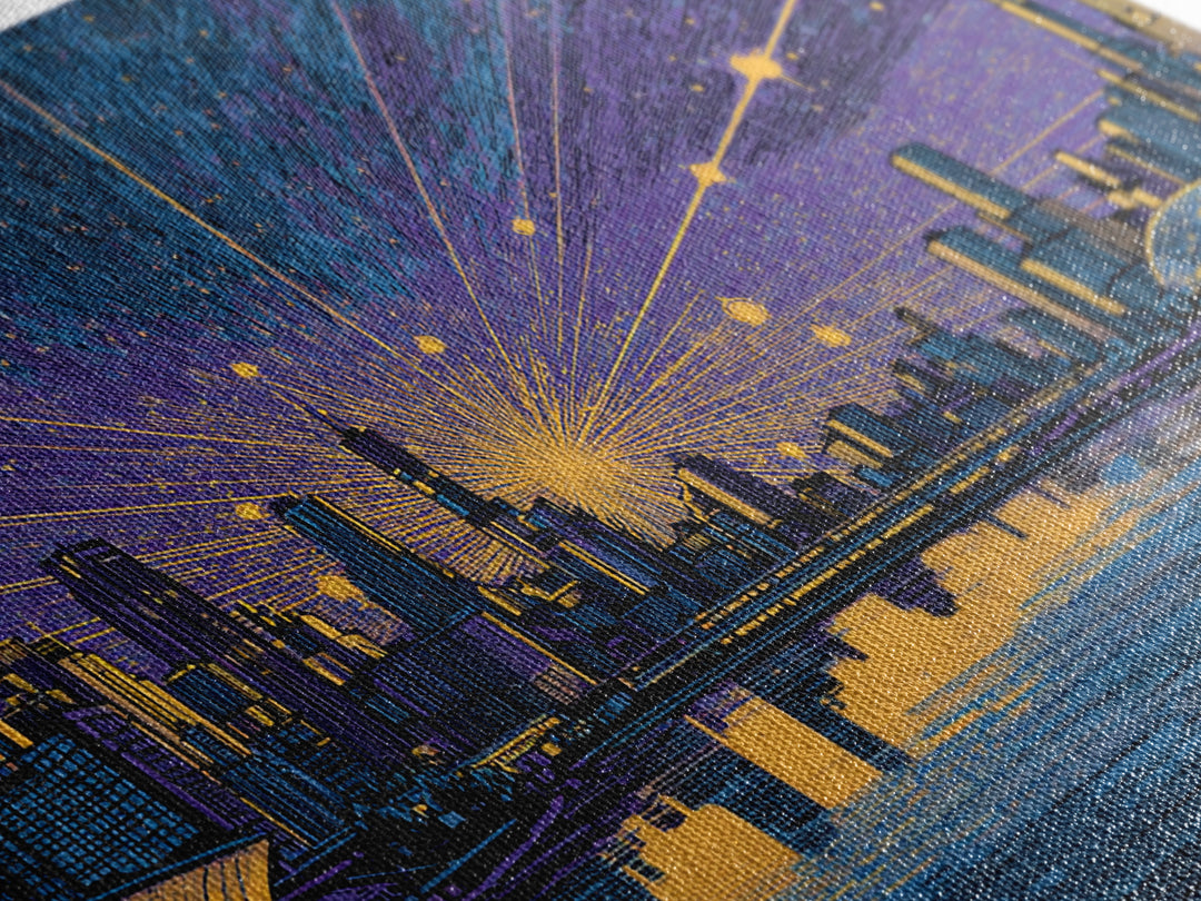 Futuristic Skyline Meteor Shower Wall Art, Midcentury Modern Sci Fi City Poster, Blue Gold Urban Decor, MCM Office Print