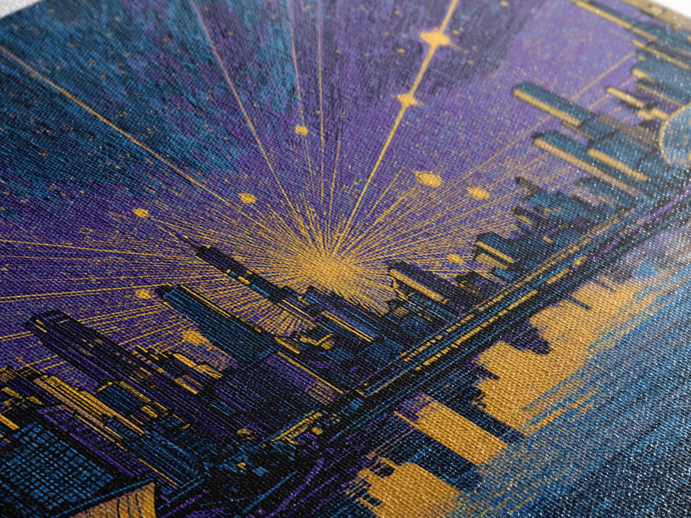 Futuristic Skyline Meteor Shower Wall Art, Midcentury Modern Sci Fi City Poster, Blue Gold Urban Decor, MCM Office Print