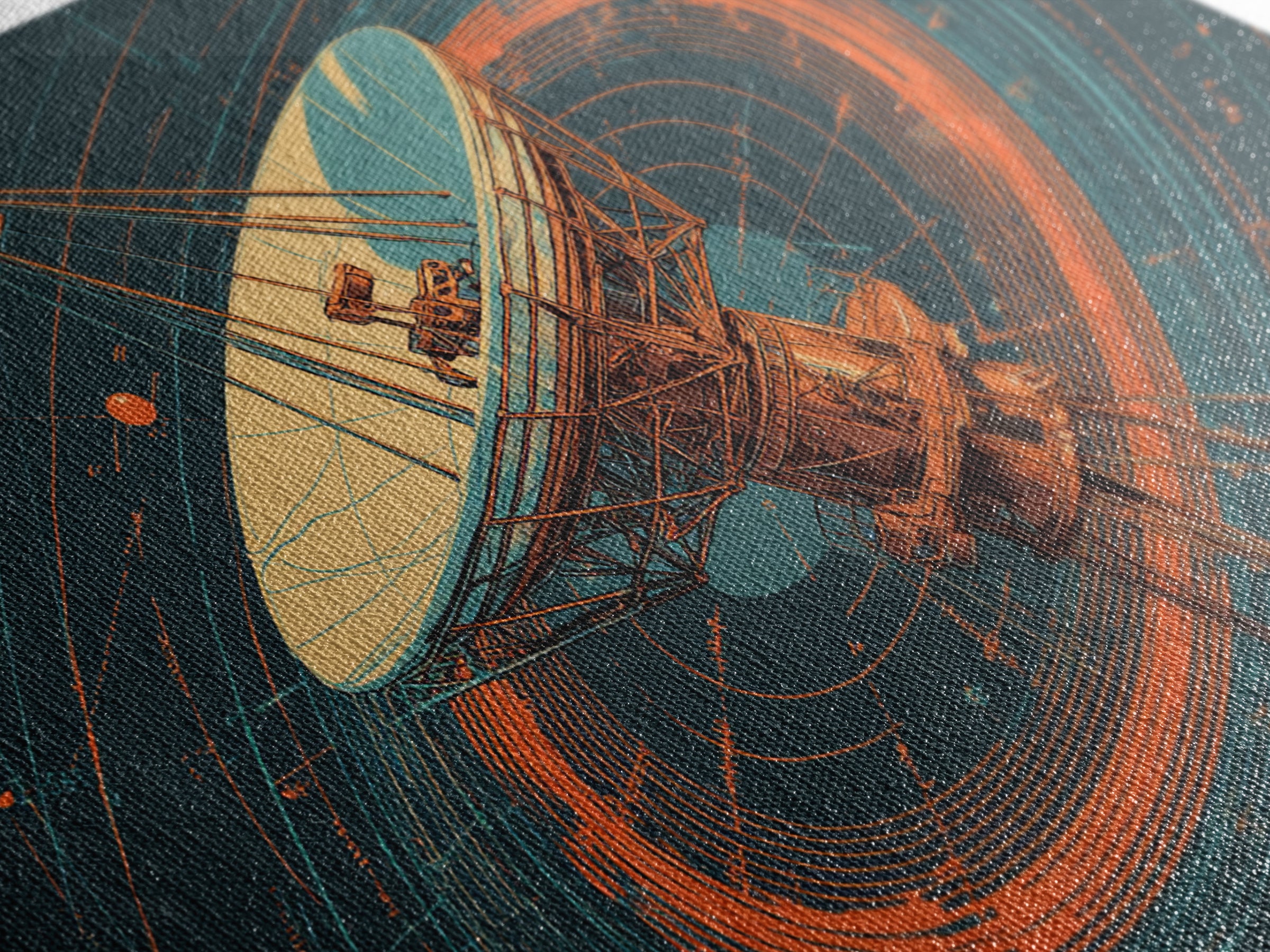 Deep Space Radio Telescope Canvas Print, Teal Orange Retro Futurism Poster, Orbital Lines Art, Midcentury Modern Wall Decor