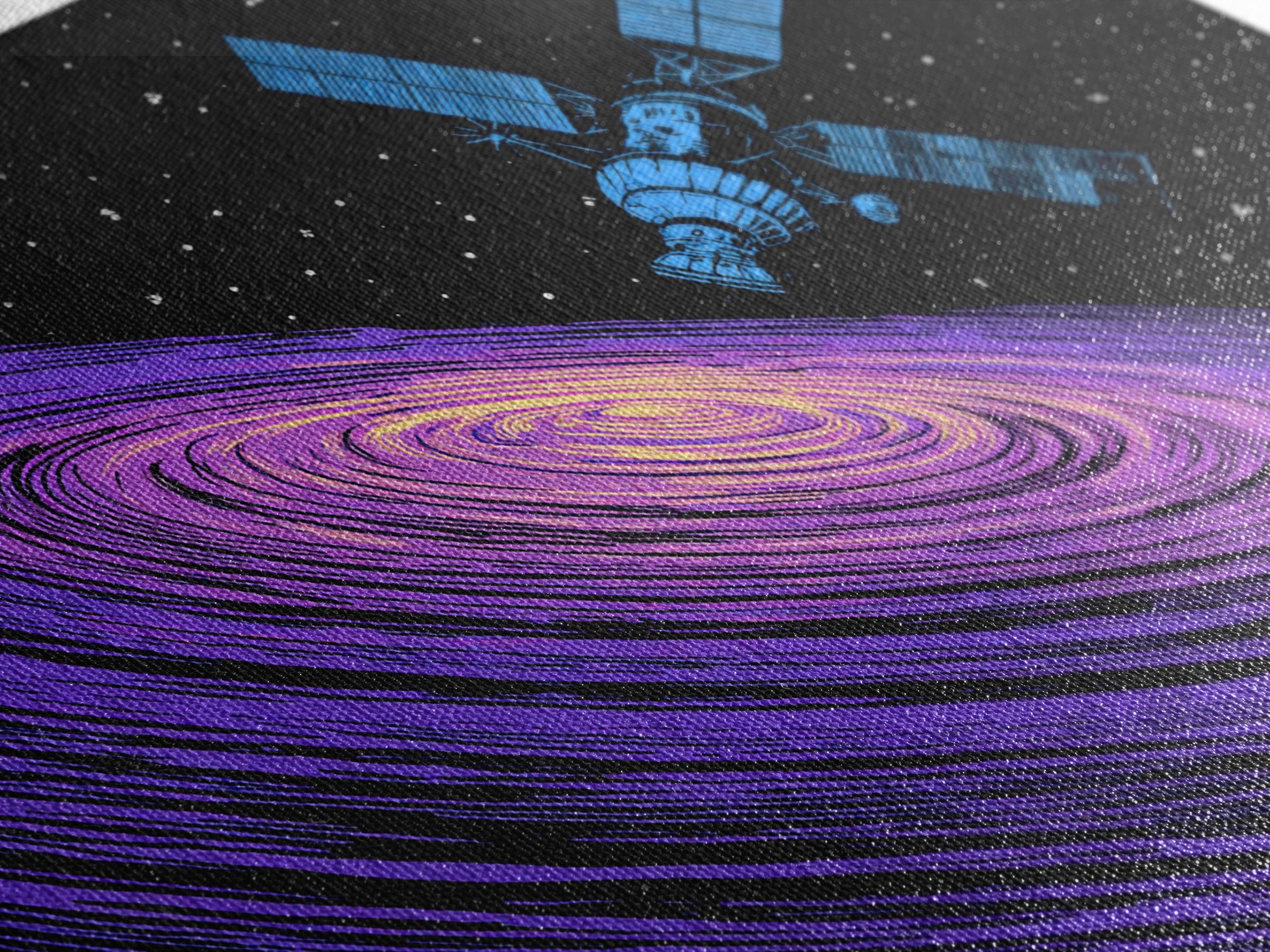 Purple Galaxy Satellite Canvas Print, Retro Sci Fi Space Poster, Cosmic Abstract Art, Blue Black Wall Decor, Modern Art Print