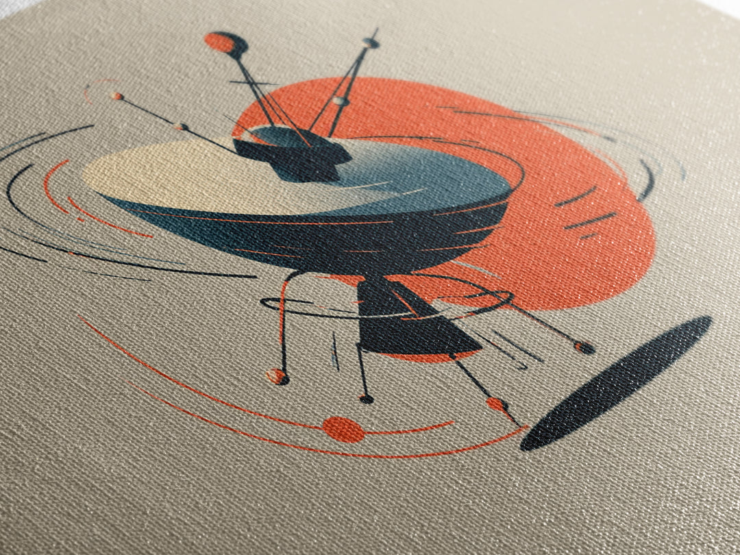 Atomic Sputnik Satellite Sculpture Wall Art, Mid Century Modern Poster, Orange Beige Retro Print, Geometric Space Home Decor