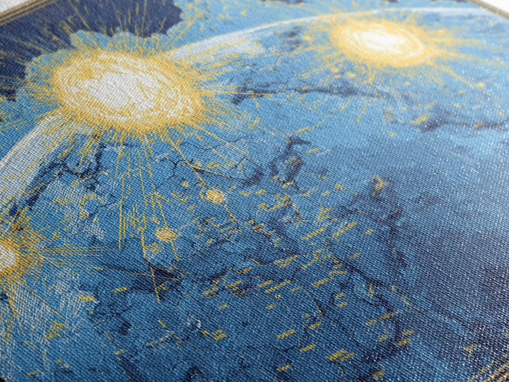 Illuminated Blue Earth Map With Three Suns Wall Art, Celestial Modern Artwork, Space Poster Decor, Global Framed Canvas Print