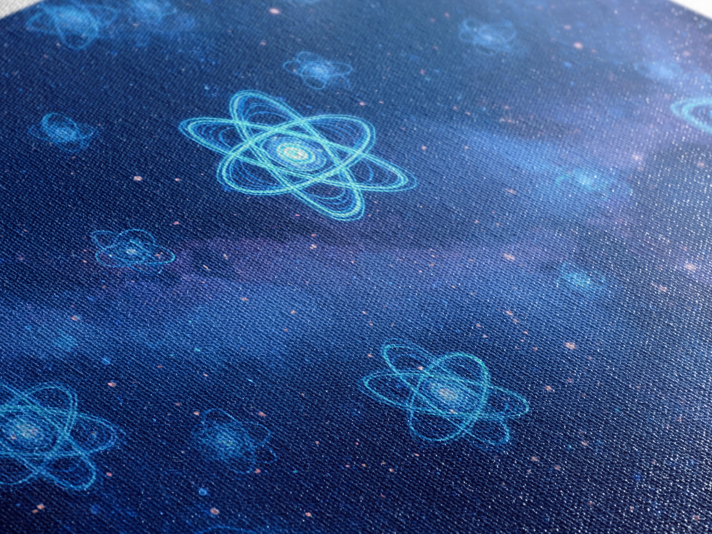 Blue Neon Atoms In Starry Nebula Canvas Print, Science Wall Art, Cosmic Retro Art, Modern Digital Art, Space Poster Decor