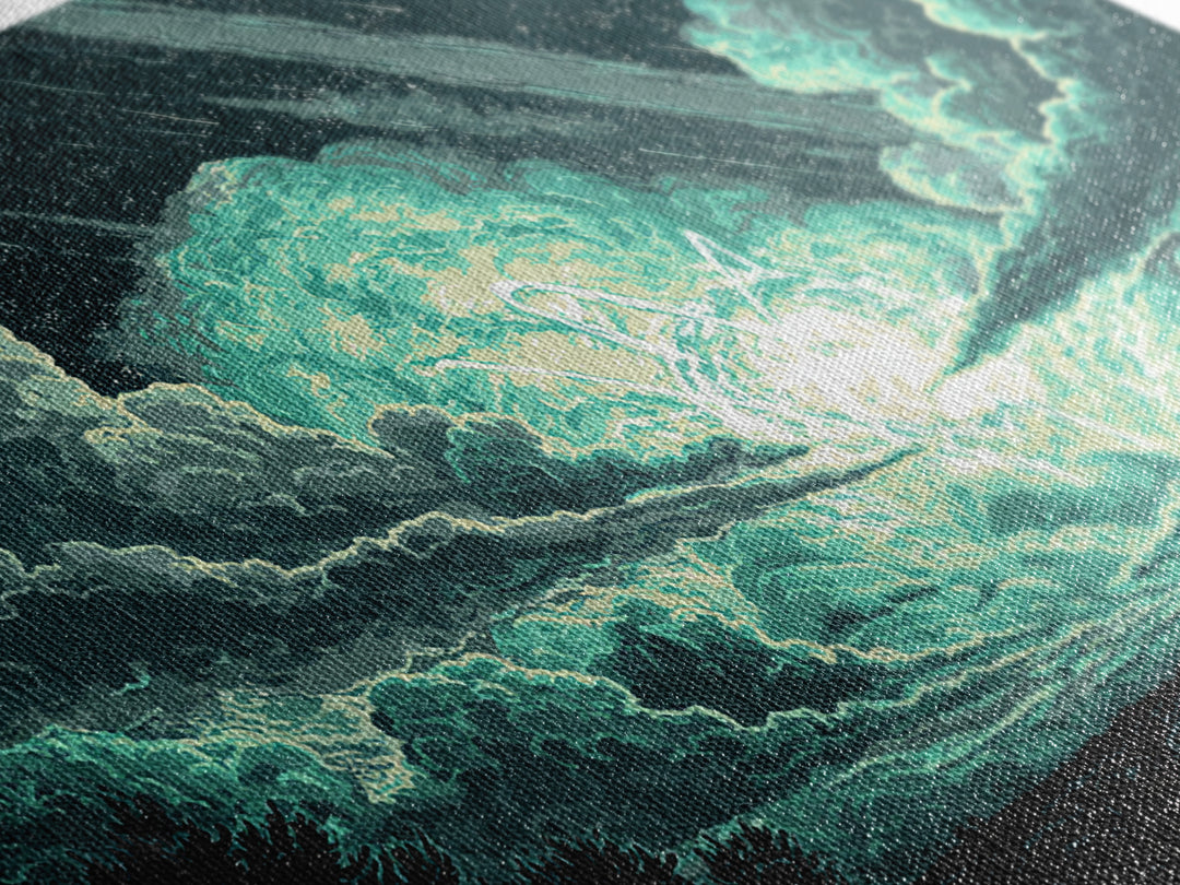 Glowing Meteor Burst In Emerald Clouds Wall Art, Pixel Sci Fi Landscape, Retro Art Poster, Space Abstract Art, Modern Wall Decor