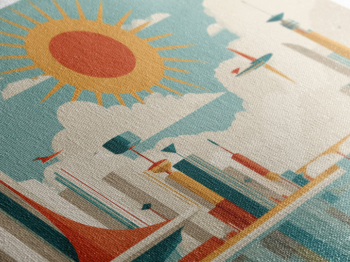 Midcentury Space Age City With Sunburst Wall Art, Atomic Retro Art Print, Geometric Poster, Modern Wall Decor, Mcm Home Decor