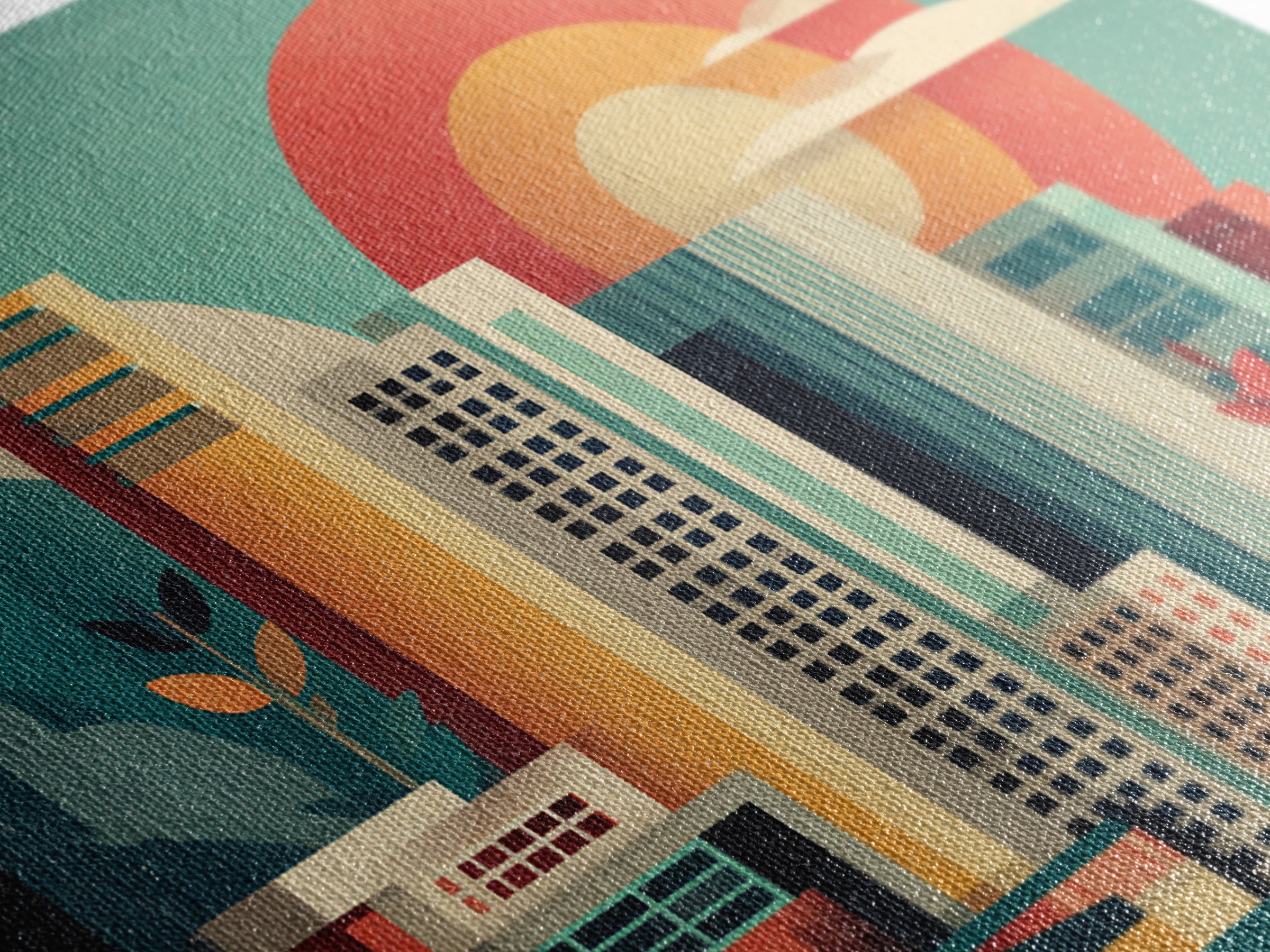Modern City Skyline With Giant Sun Wall Art, Mid Century Modern Print, Geometric Abstract Poster, Colorful Office Decor Print