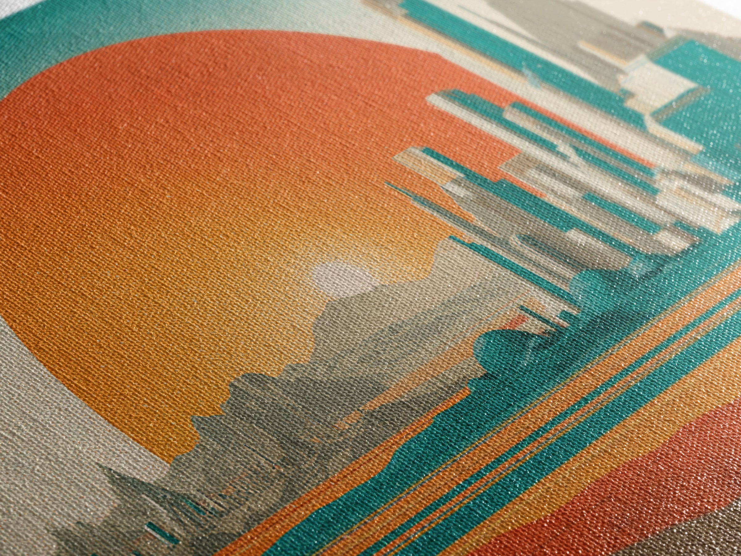 Desert Metropolis With Giant Orange Sun Framed Canvas Print, Mid Century Modern Wall Art, Retro Futuristic Poster, Office Decor