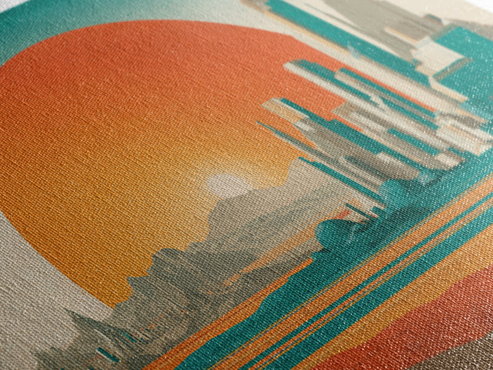 Desert Metropolis With Giant Orange Sun Framed Canvas Print, Mid Century Modern Wall Art, Retro Futuristic Poster, Office Decor