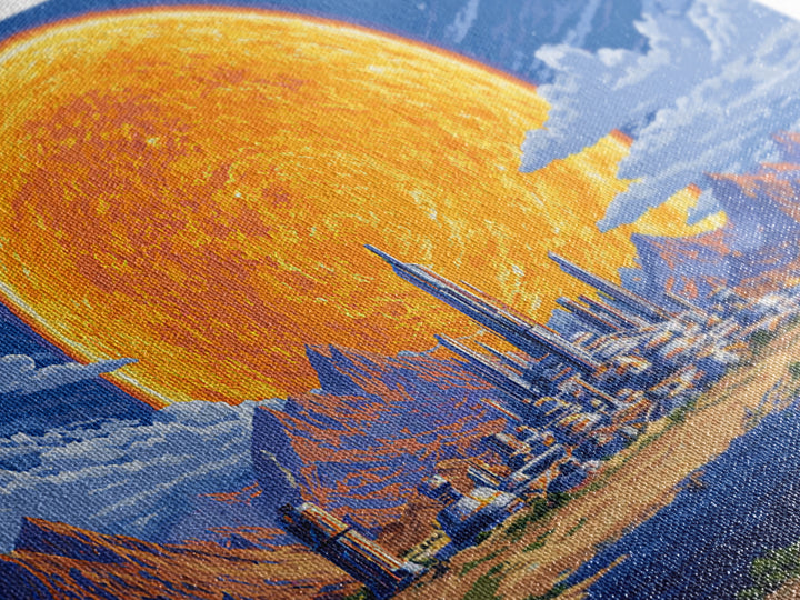 Futuristic Desert City With Giant Orange Sun Wall Art, Retro Sci Fi Poster, Midcentury Modern Art, MCM Space Decor, Living Room Decor