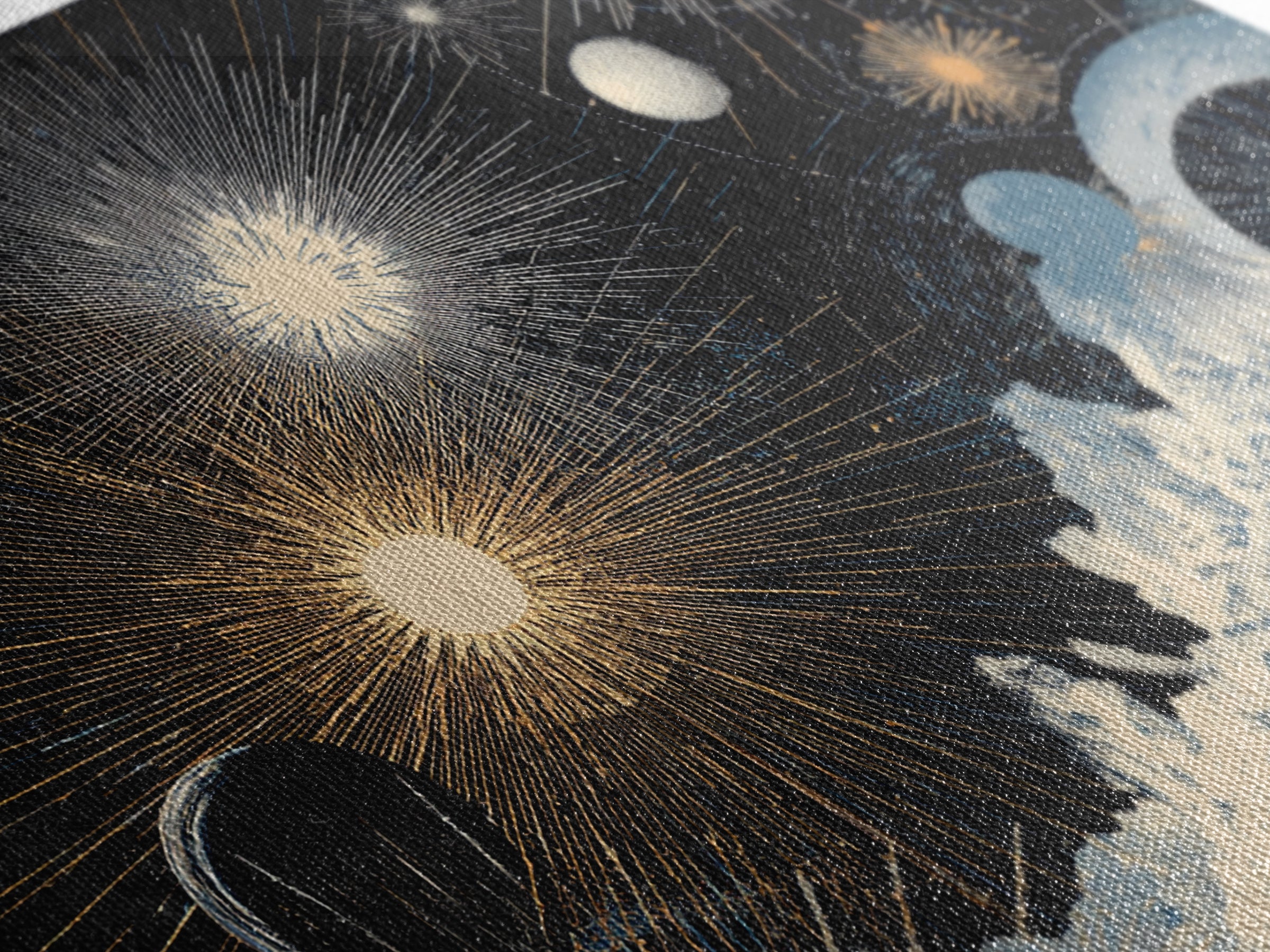 Night Sky Fireworks Over Ocean Waves Canvas Print, Celestial Wall Art, Modern Abstract Art, Blue Gold Living Room Decor Poster