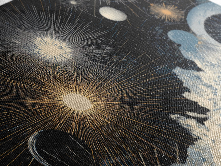 Night Sky Fireworks Over Ocean Waves Canvas Print, Celestial Wall Art, Modern Abstract Art, Blue Gold Living Room Decor Poster