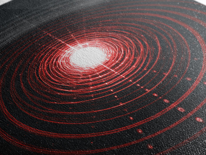 Glowing Red Orbit Disk Wall Art, Sci Fi Abstract Canvas Print, Futuristic Midcentury Modern Poster, Black Office Decor Print
