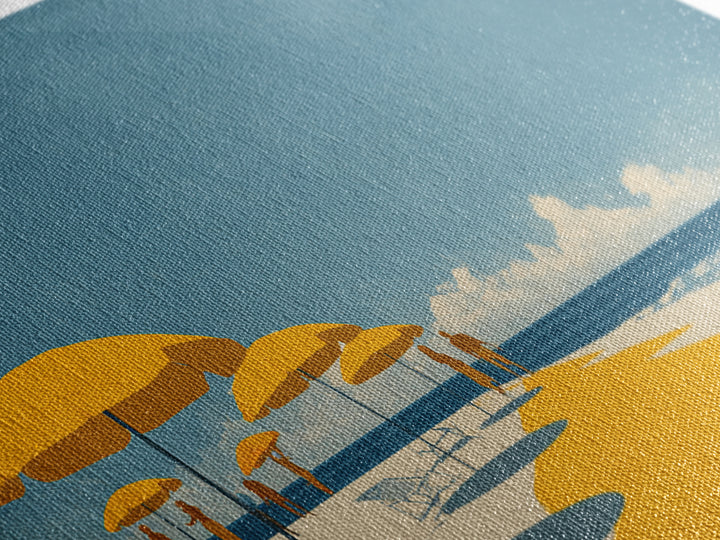 Yellow Beach Umbrellas And Blue Sea Wall Art, Retro Travel Canvas Print, Coastal Summer Poster, Bright Living Room Decor