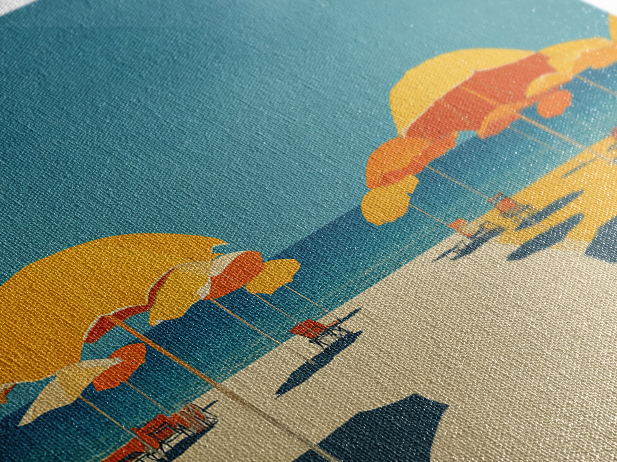 Sunny Yellow Beach Umbrellas Wall Art, Retro Coastal Canvas, Midcentury Modern Decor, Ocean Summer Print For Living Room