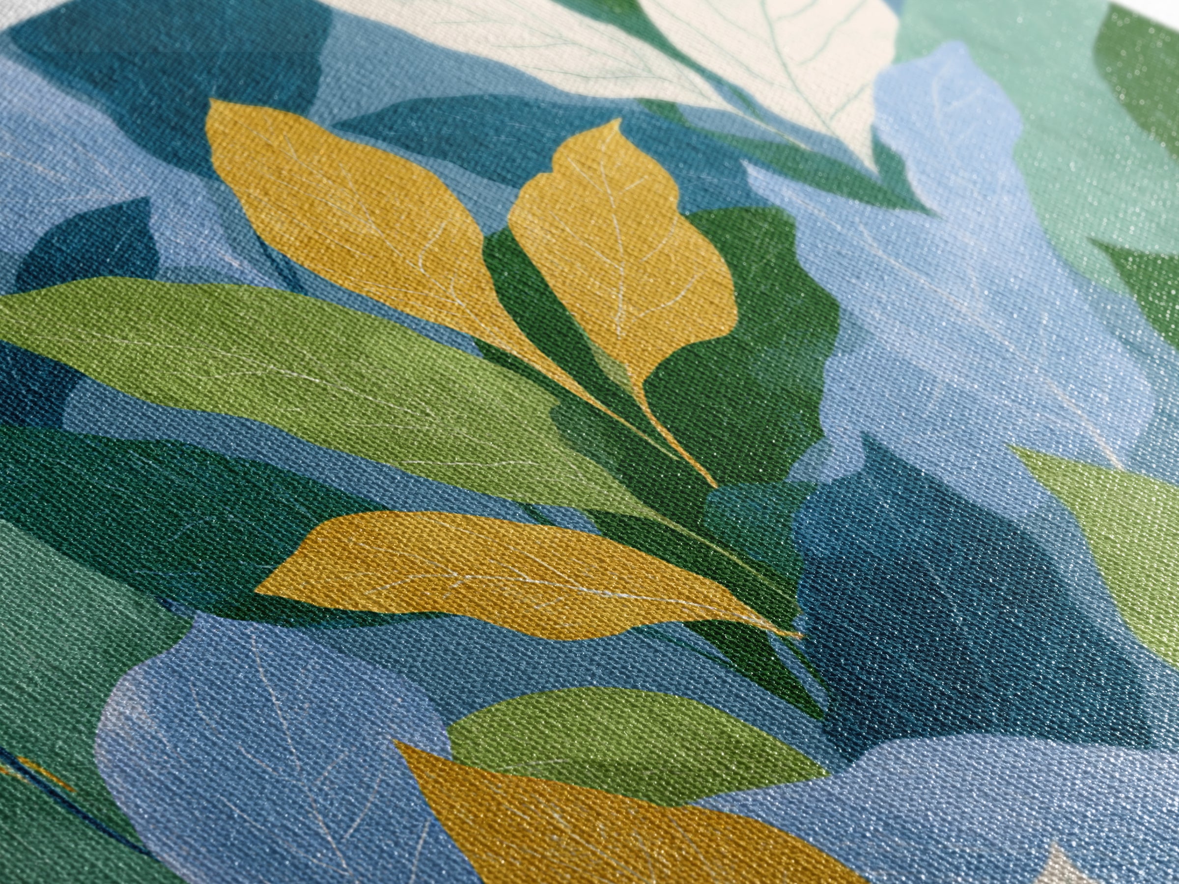 Layered Blue Green And Gold Leaves Wall Art, Botanical Midcentury Modern Art Print, Nature Decor For Bedroom Living Room