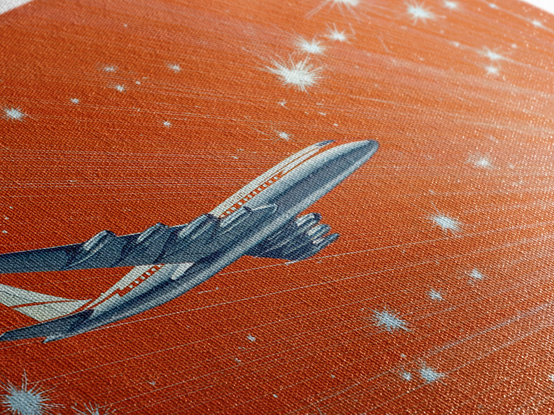 Orange Starburst Jet Canvas Print, Midcentury Modern Wall Art, Retro Aviation Poster, Bold Atomic Travel Decor Gift For Him