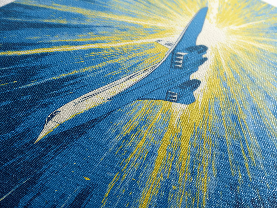 Supersonic Jet Burst Framed Canvas Print, Midcentury Modern Wall Art, Retro Sci Fi Poster, Blue Yellow Aviation Home Decor