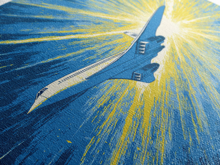 Supersonic Jet Burst Framed Canvas Print, Midcentury Modern Wall Art, Retro Sci Fi Poster, Blue Yellow Aviation Home Decor