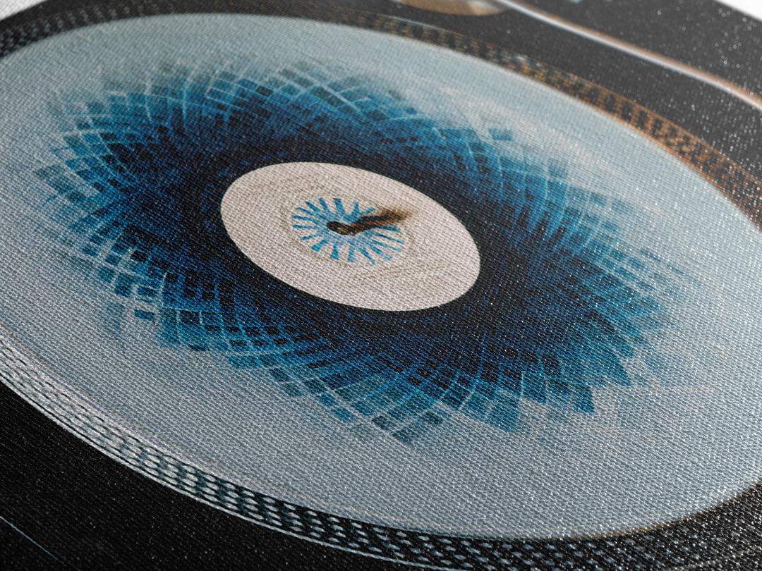 Blue Spirograph Vinyl Record Framed Canvas Print, Modern Music Wall Decor, Turntable Photography, Geometric MCM Art Print