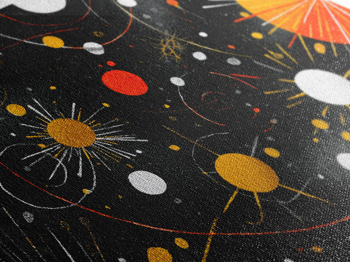 Atomic Black Cosmic Orbits With Red And Gold Suns Wall Art, Mid Century Modern Space Abstract Print, Retro MCM Wall Decor