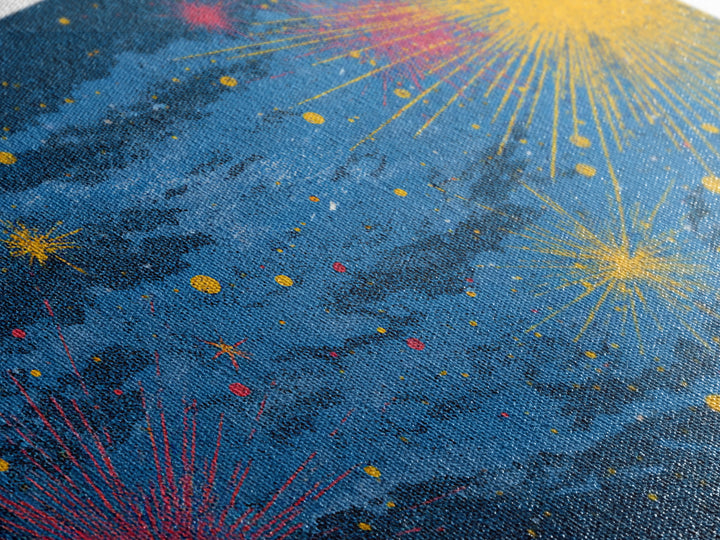 Blue Nebula Sky With Yellow Pink Starbursts Canvas Print, Mid Century Modern Space Abstract Art, Retro Colorful Wall Decor