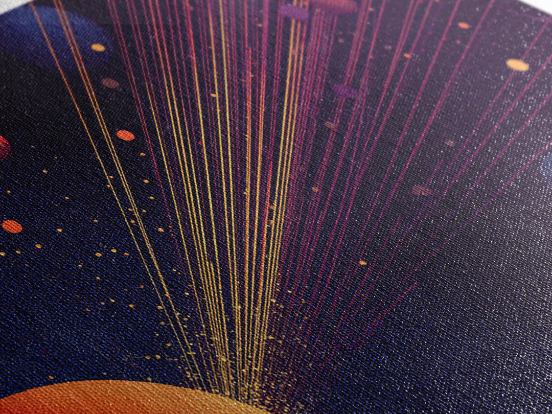 Orange Planet With Laser Orbit Lines Canvas Print, Mid Century Modern Space Poster, Retro Sci Fi Wall Art, MCM Room Decor