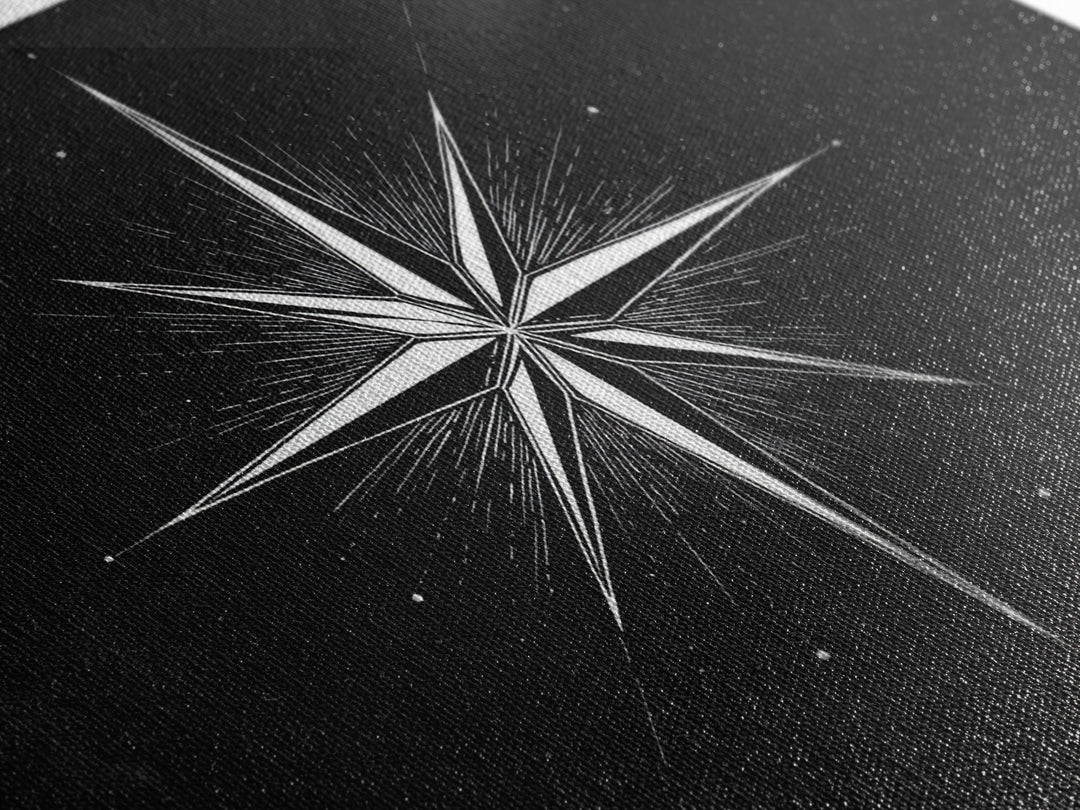 Sharp White Starburst On Deep Black Canvas Print, Minimalist Geometric Wall Art, Modern Abstract Poster, Retro MCM Decor