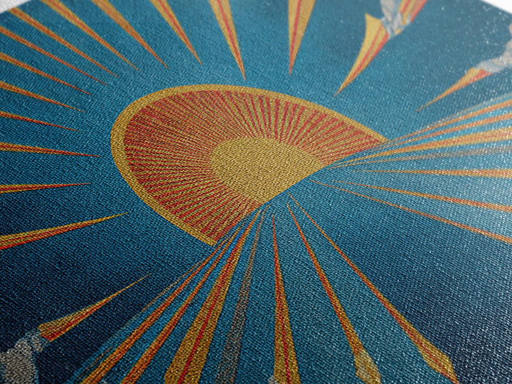 Embroidered Sunburst Canvas Print, Mid Century Modern Wall Art, Retro Sun Poster, Teal Orange Textile Style Home Decor Print