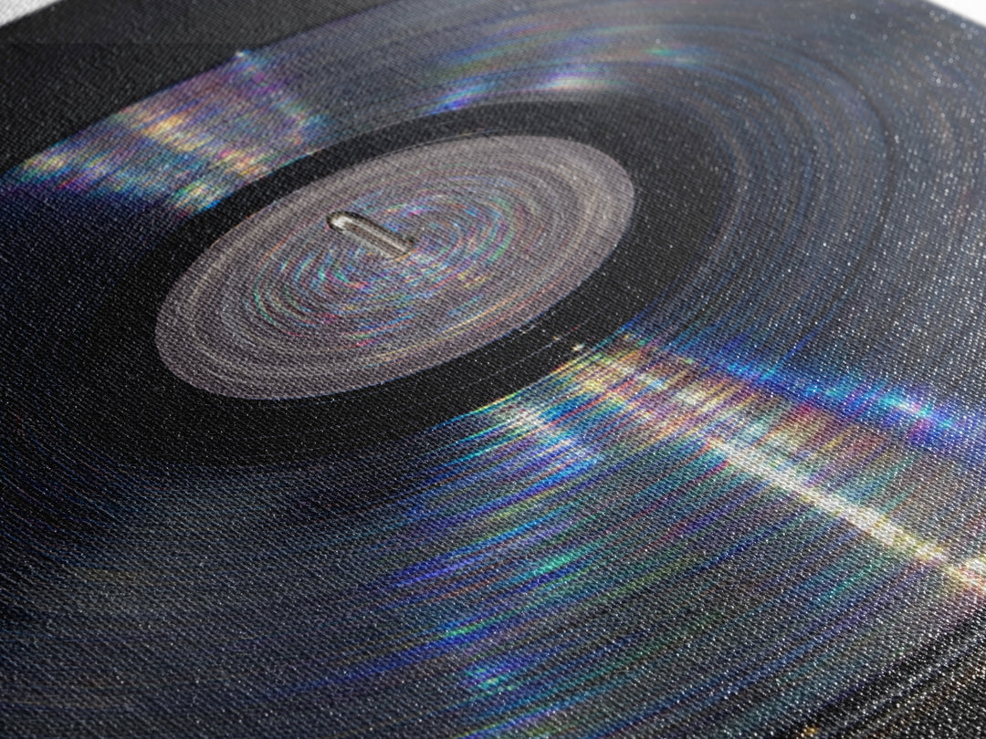 Iridescent Vinyl Record Macro Wall Art, Modern Music Photography Print, Retro Turntable Decor, Minimal Black Home Decor