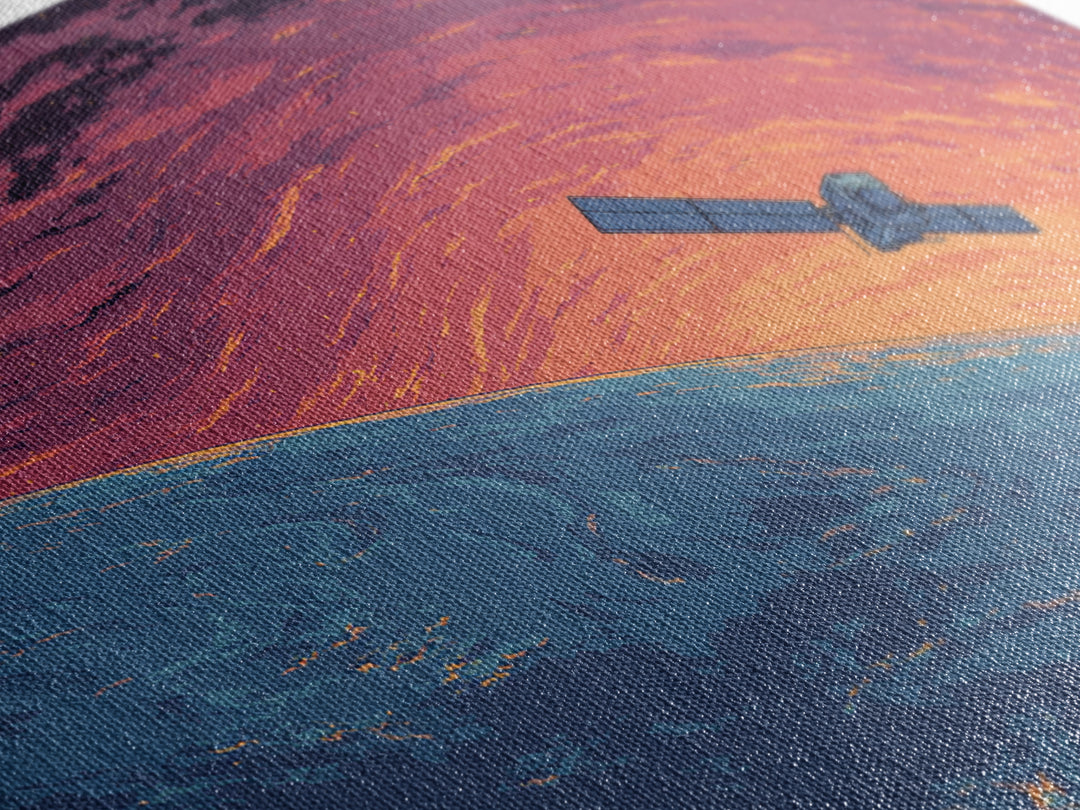 Satellite Over Blue Planet At Sunset, Retro Sci Fi Wall Art, Midcentury Modern Art Print, Space Poster For Home Office Decor