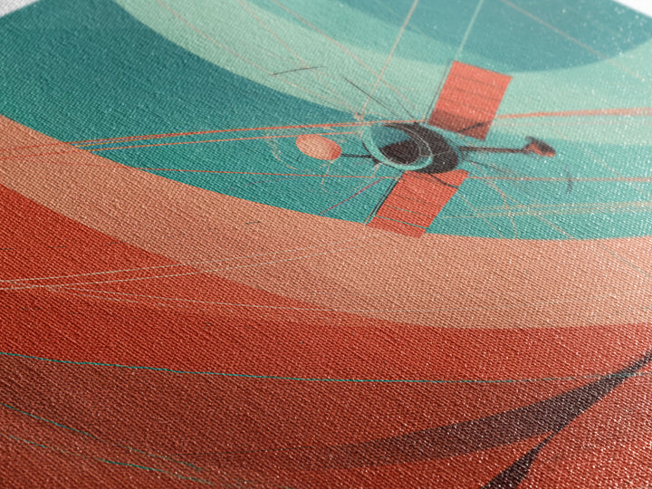 Abstract Satellite Orbit With Coral Teal Planets, Canvas Print, Midcentury Modern Wall Art, Geometric Space Poster Decor