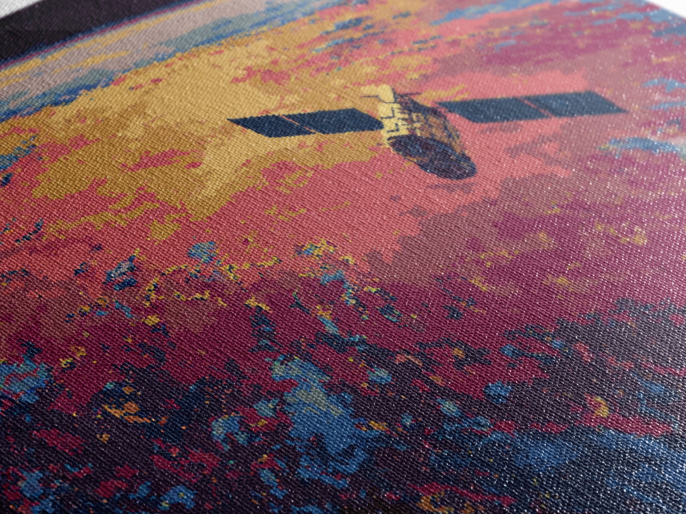 Colorful Satellite Above Pink Blue Earth, Midcentury Modern Wall Art, Retro Sci Fi Poster, Large Canvas Print For Office