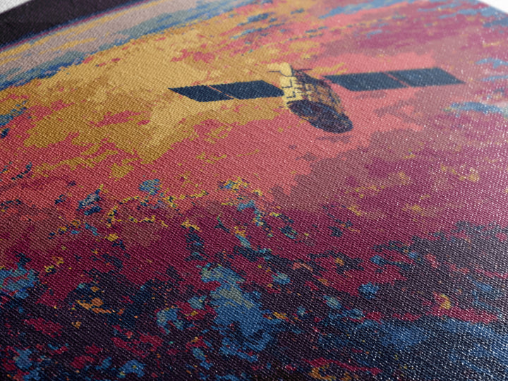 Colorful Satellite Above Pink Blue Earth, Midcentury Modern Wall Art, Retro Sci Fi Poster, Large Canvas Print For Office