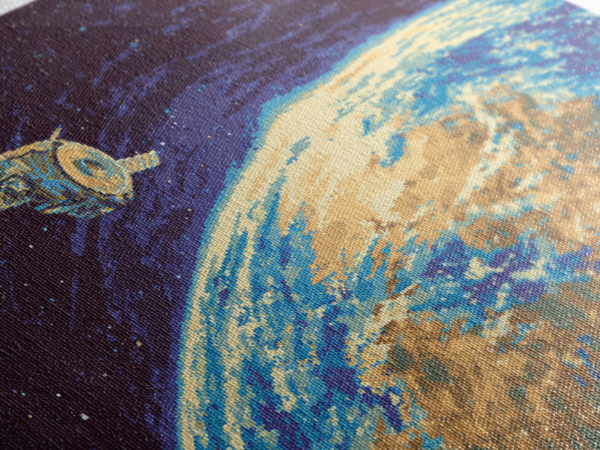 Satellite Over Earth With Stars, Midcentury Modern Wall Art, Retro Sci Fi Space Poster, Blue Canvas Print For Office Decor