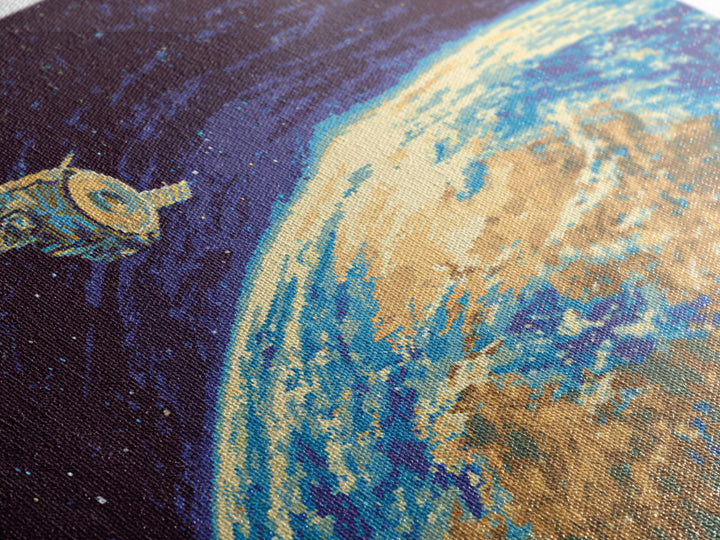 Satellite Over Earth With Stars, Midcentury Modern Wall Art, Retro Sci Fi Space Poster, Blue Canvas Print For Office Decor