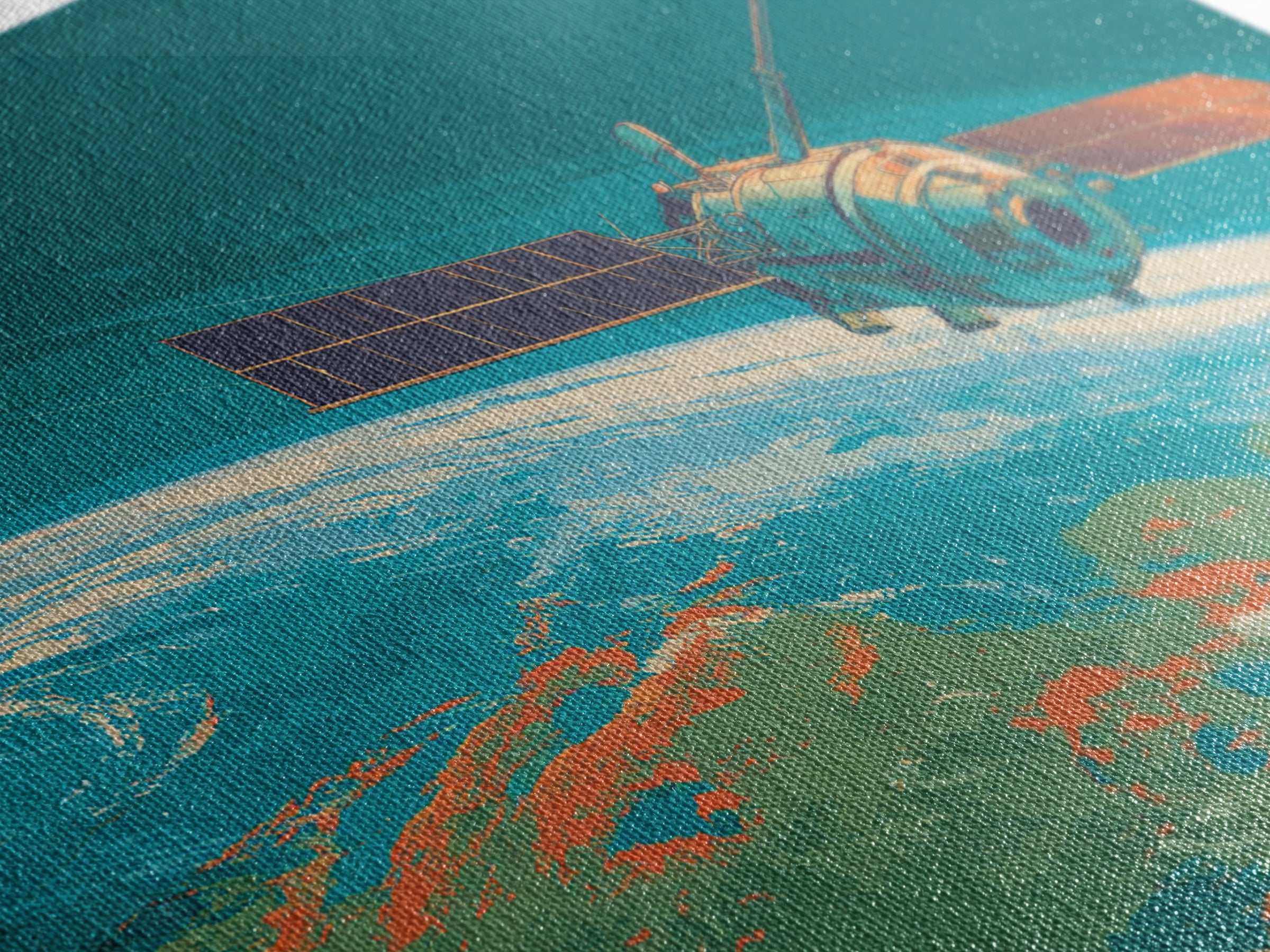 Teal Satellite Above Earth Horizon, Canvas Print, Midcentury Modern Wall Art, Retro Space Poster, Modern Home Office Decor