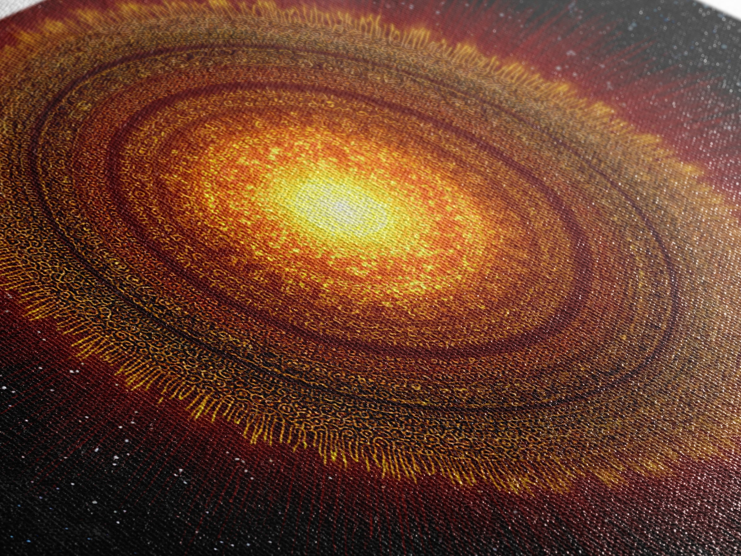 Radiant Orange Sun Star Mandala In Space, Midcentury Modern Wall Art, Cosmic Abstract Canvas Print, Spiritual Decor For Living Room