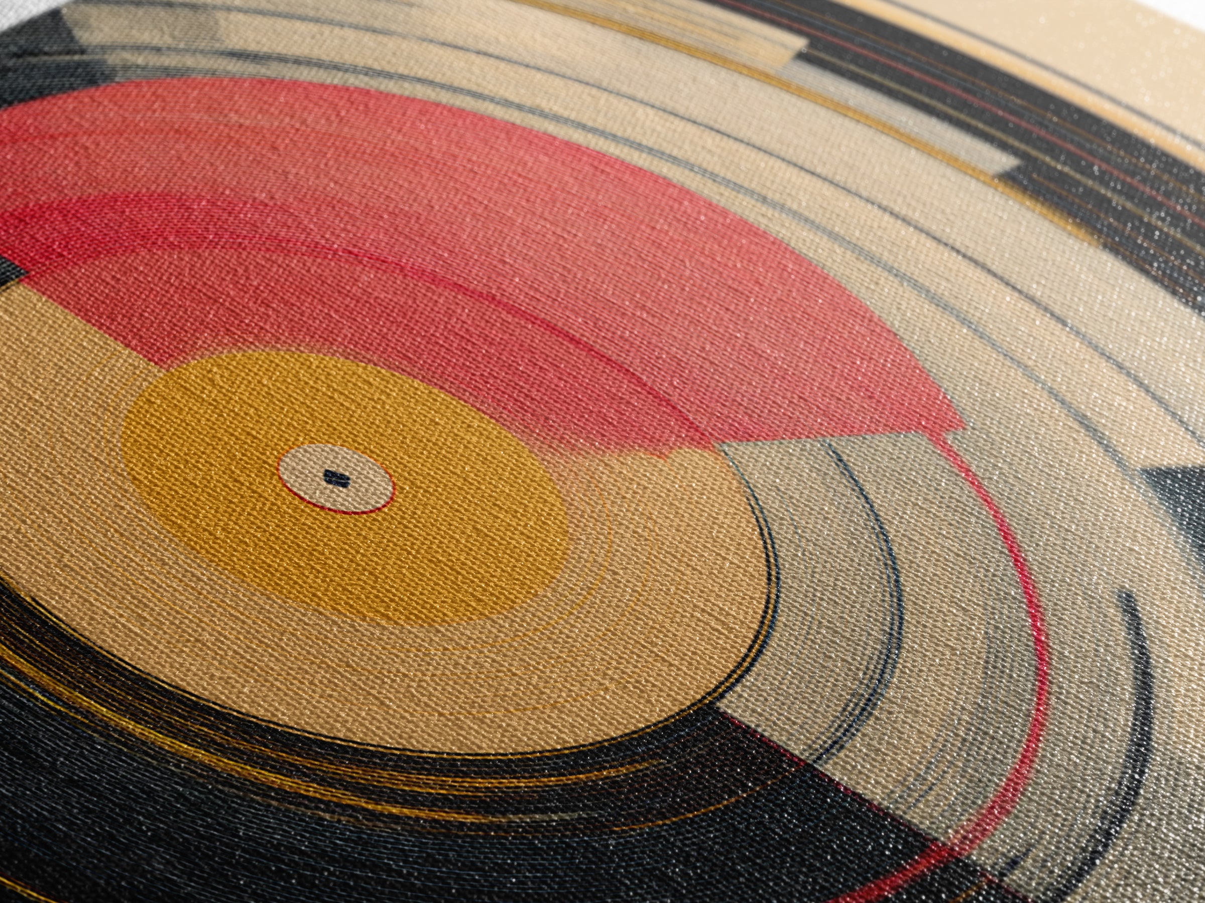 Coral And Gold Vinyl Circles Framed Canvas Print, Mid Century Modern Wall Decor, Abstract Record Art, Bold MCM Home Art Poster