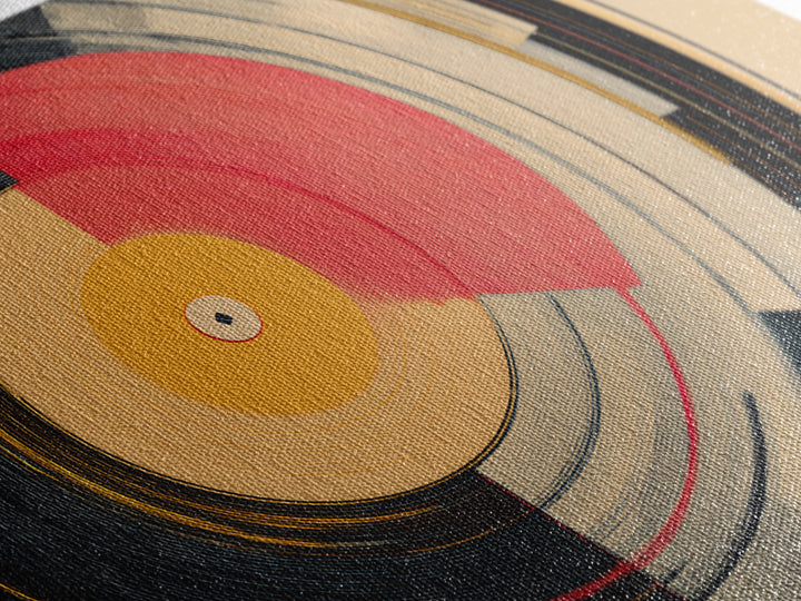 Coral And Gold Vinyl Circles Framed Canvas Print, Mid Century Modern Wall Decor, Abstract Record Art, Bold MCM Home Art Poster