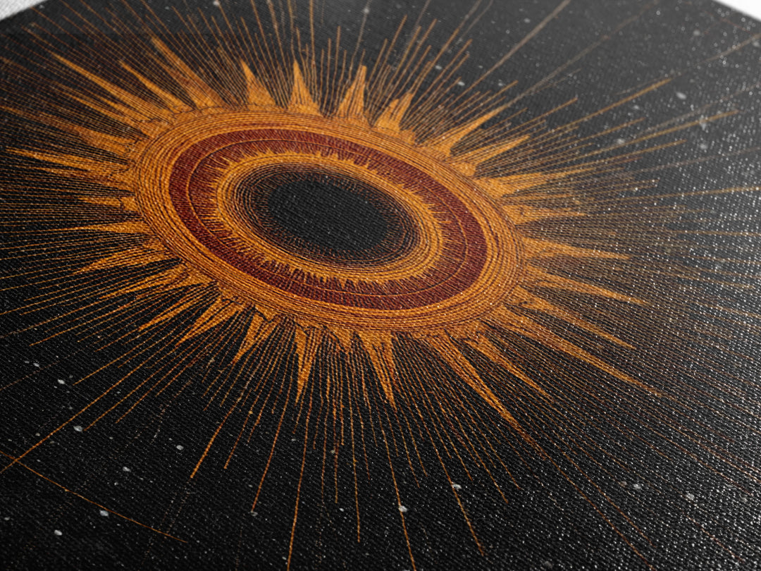 Orange Eclipse Starburst In Black Space Wall Art, Midcentury Modern Art Print, Atomic Retro Decor, Cosmic Abstract Poster