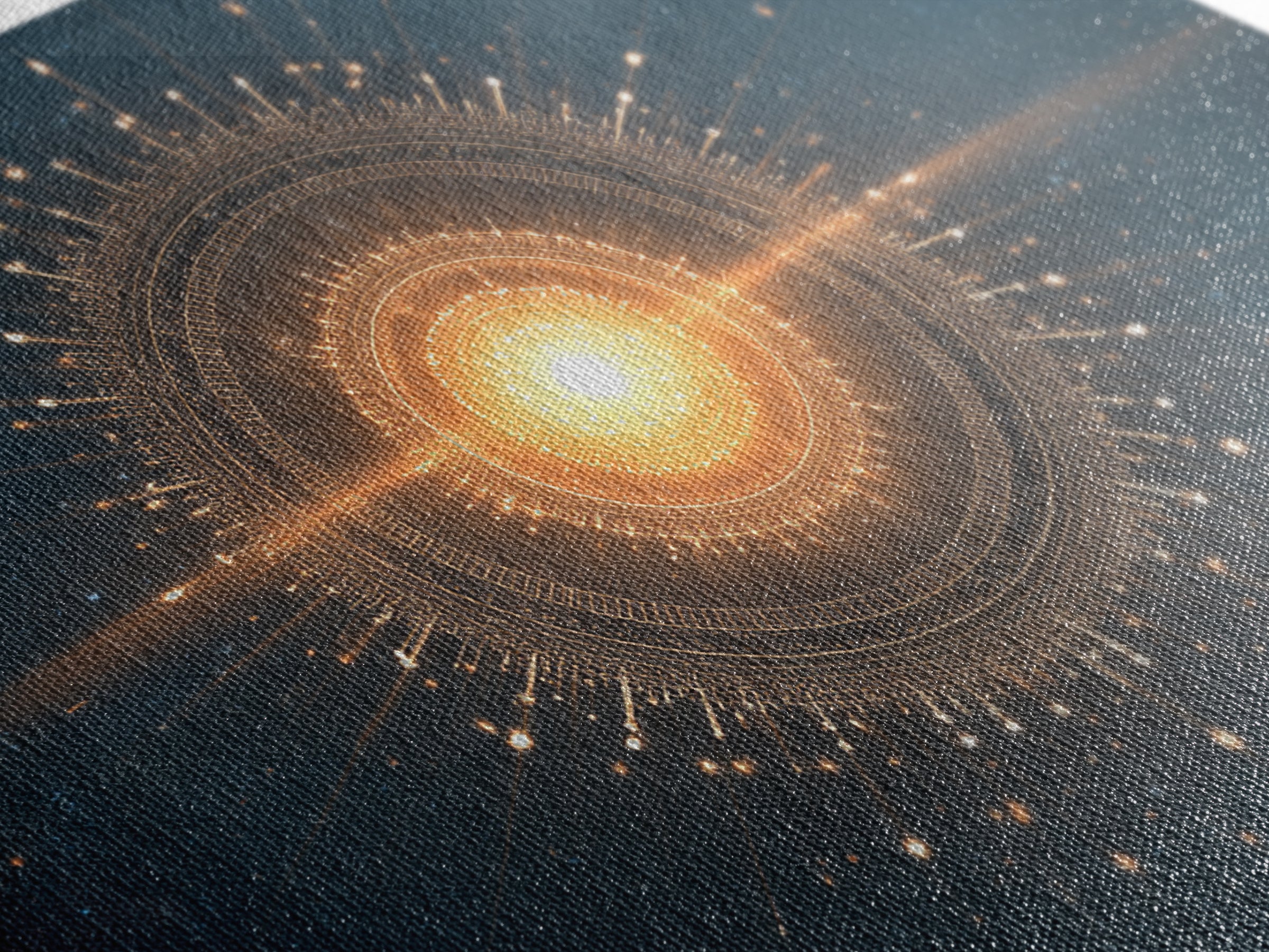 Glowing Golden Sun Mandala In Deep Space Canvas Print, Modern Abstract Art, Celestial Wall Decor, Midcentury Cosmic Poster