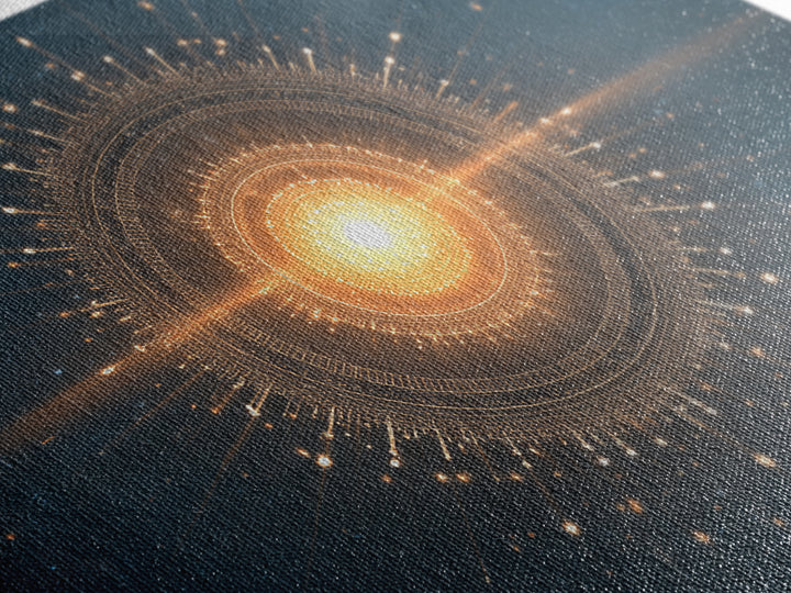 Glowing Golden Sun Mandala In Deep Space Canvas Print, Modern Abstract Art, Celestial Wall Decor, Midcentury Cosmic Poster
