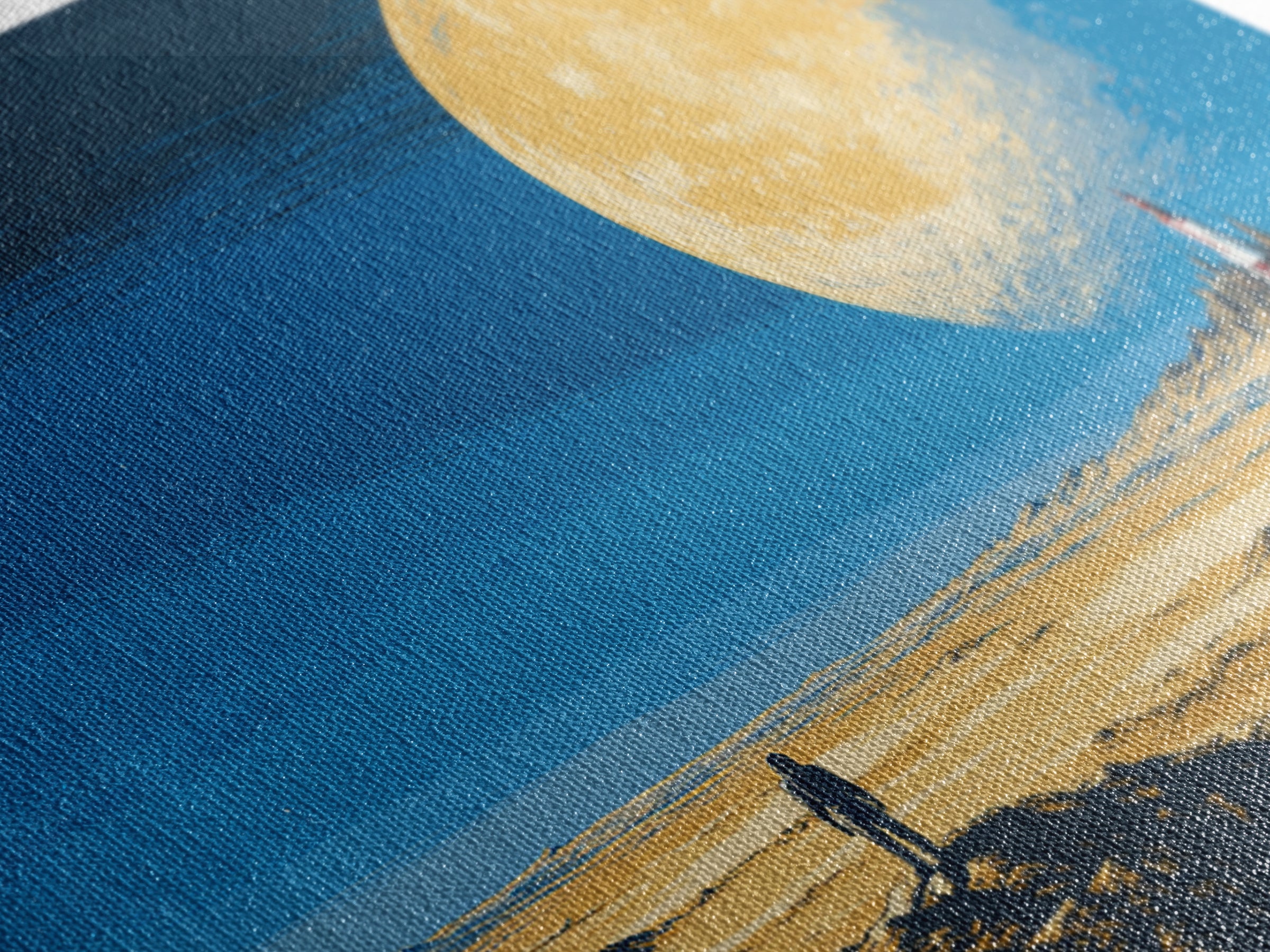 Lone Astronaut On Golden Moon Desert Wall Art, Retro Sci Fi Landscape Poster, Midcentury Modern Space Decor, Blue Yellow Print