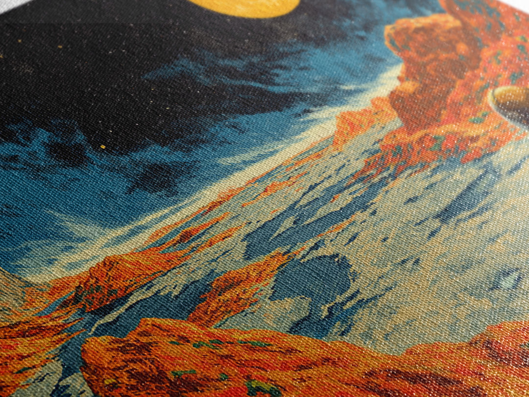 Astronaut On Orange Lunar Desert Wall Art, Retro Sci Fi Moon Poster, Midcentury Modern Art Print, Bold Space Landscape Decor