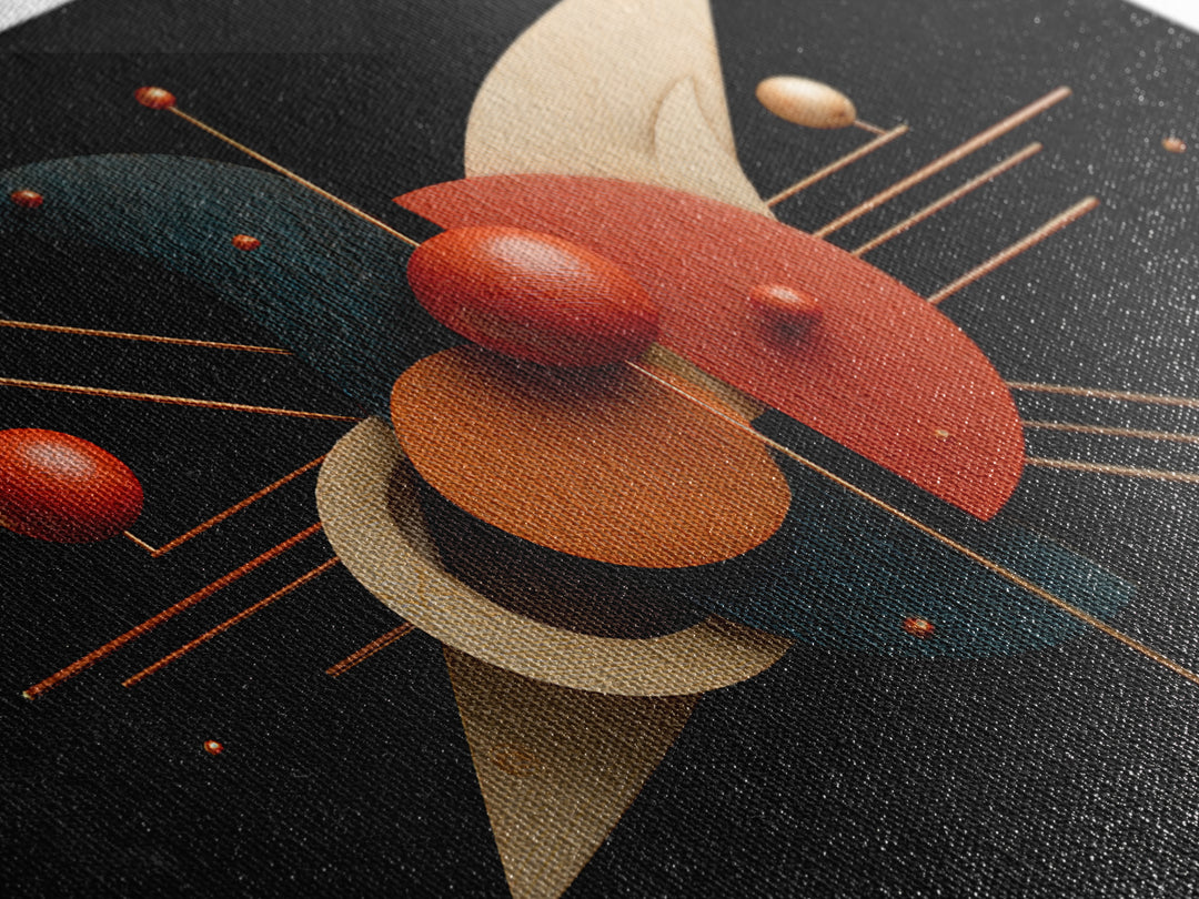 Atomic Sphere Sculpture Wall Art, Black Orange Geometric Canvas Print, Midcentury Modern Abstract Large Retro MCM Office Decor