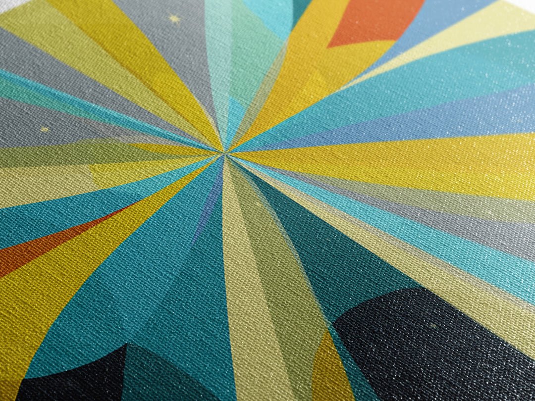 Radiant Starburst Wall Art, Blue Yellow Geometric Abstract Print, Midcentury Modern Decor, Retro MCM Large Living Room Decor