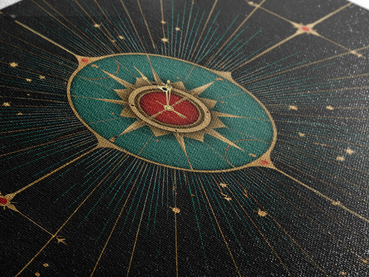 Celestial Teal Compass Clock Framed Canvas Print, Mid Century Modern Wall Decor, Atomic Starburst Art, Retro MCM Poster Print