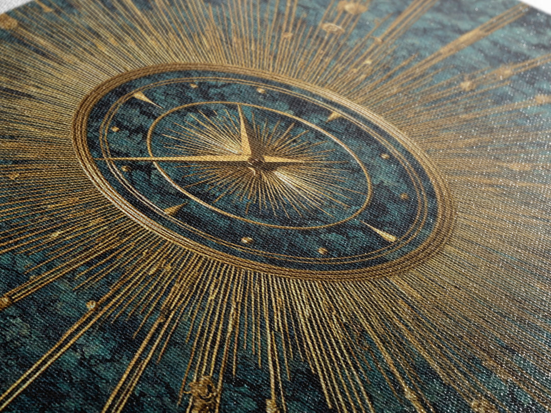Ornate Gold Starburst Clock On Blue Wall Art, Mid Century Modern Decor, Atomic Art Deco Poster, Elegant MCM Art Print, Home Decor