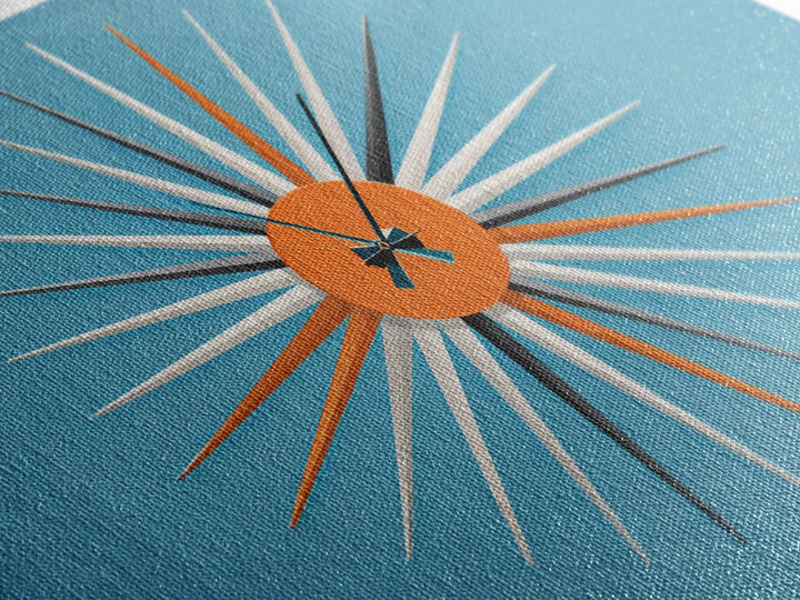 Orange Sunburst Clock On Blue Wall Art, Midcentury Modern Art, Atomic Starburst Print, Retro Wall Decor For Living Room Art